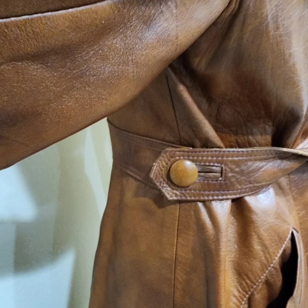 Vintage Leather Trench Coat Full Length 70s Genuine Cognac Leather size Medium - Picture 7 of 16